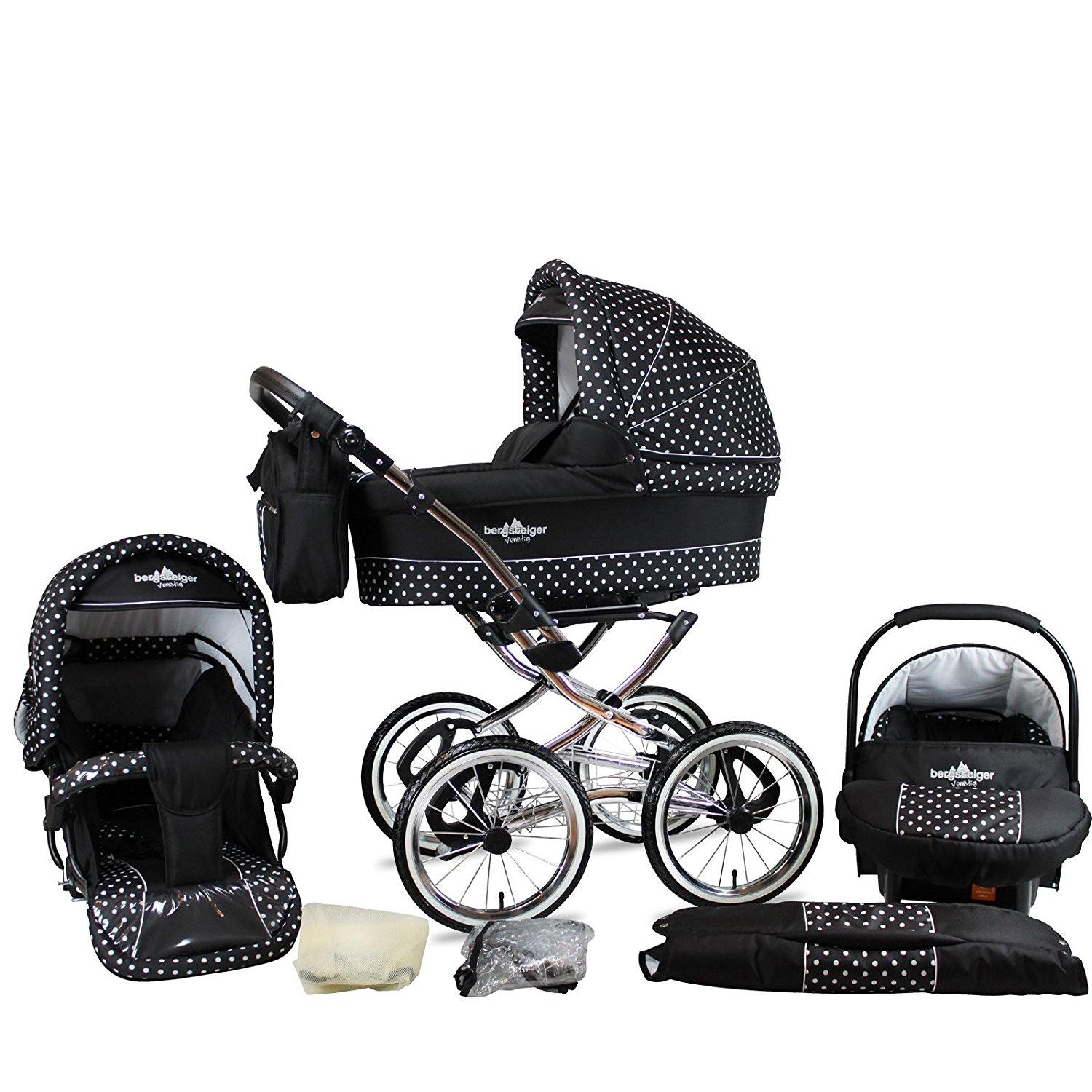 Bergsteiger Venedig Nostalgie Kombikinderwagen 3-in-1 - System, Autositz, (Megaset 10 - teilig), Black & White Dots