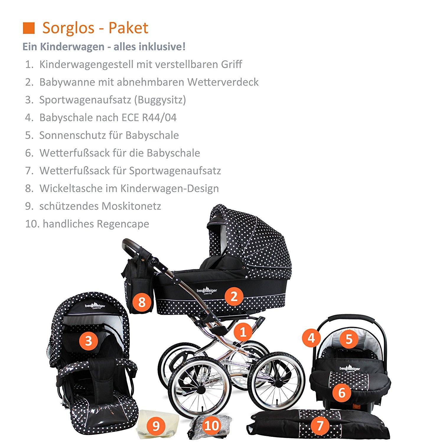 Bergsteiger Venedig Nostalgie Kombikinderwagen 3-in-1 - System, Autositz, (Megaset 10 - teilig)