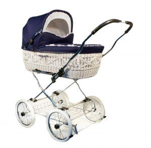 Eichhorn SEN-WW-K041-RF-EVA Weidenkorbkinderwagen mit Lederriemengestell Korb Weide weiß, EVA-Rad, Stoff marineblau