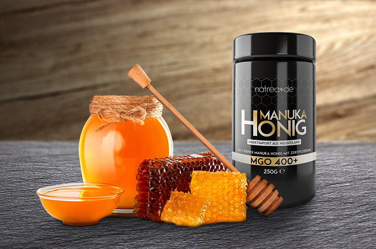 Natrea Manuka Honig - im hochwertigen Violettglass