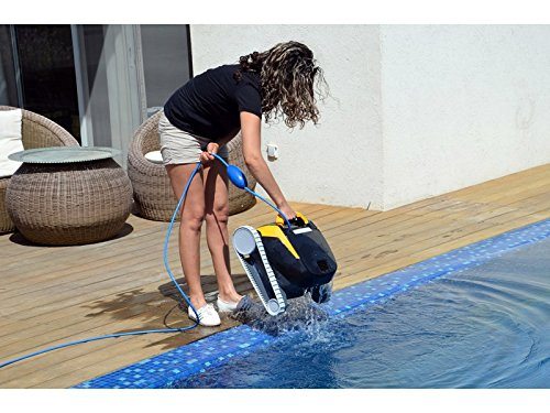Frau mit einem Poolroboter von Dolphin am Beckenrand