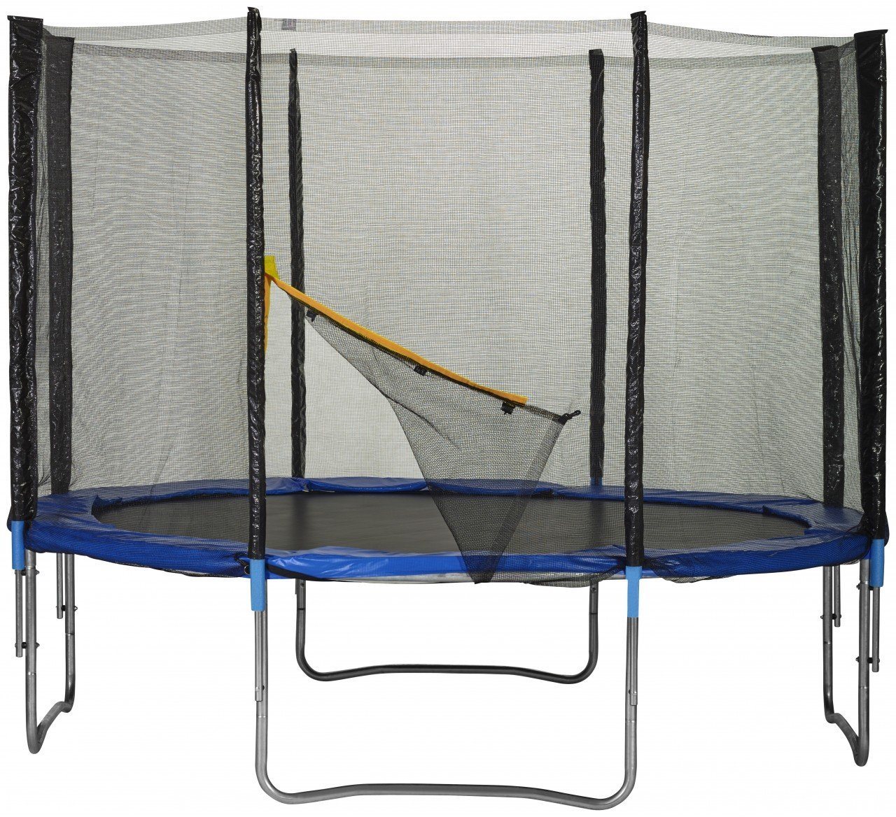 Ein blaues Gartentrampolin Ein blaues Gartentrampolin mit geöffneten Einstieg