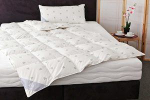 Im Schlafzimmer auf Bett die Dauneneinziehdecke Dreams medium im Test