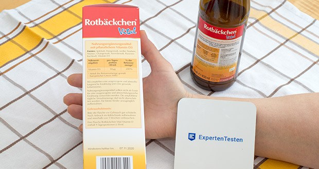 Rotbäckchen Vital Vitamin D im Test - Inhaltsstoffe / Zutaten: Apfelsaft, Mangomark, weißer Trauben-, Ananas-, Orangensaft, Acerolamark, Passionsfruchtsaft, Vitamin D3