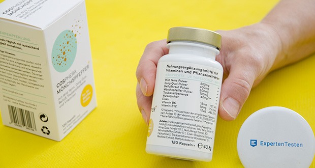 Cosphera Mönchspfeffer Kapseln im Test - Inhaltsstoffe: Hydroxypropylmethylcellulose (Kapselhülle), mikrokristalline Cellulose, Wild Yams Extrakt 10:1, Dong Quai Extrakt 10:1, Beifußkraut Extrakt 30:1, Mönchspfeffer Extrakt 5:1, Eisen-Bisglycinat, Pyridoxine Hydrochlorid, Traubensilberkerze Wurzelextrakt 10:1, Reiskleie Extrakt, Methylcobalamin