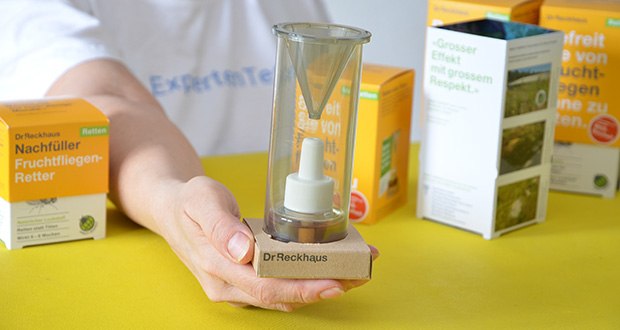 Dr. Reckhaus Fruchtfliegen-Retter mit Nachfüller im Test - Material: Fruchtfliegen-Retter: recyceltes PET / Verpackung: FSC-Papier, CO2-neutral bedruckt; natürlicher Lockstoff: Apfelessig