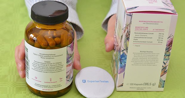 Naturtreu Blütenrein Leber-Komplex mit Mariendistel im Test - Zutaten: Mariendistelsamen-Extrakt 25:1 (Sylibum marianum, enthält 80 % Sylimarin), Cholinbitartrat, Überzugsmittel: Hydroxypropylmethylcellulose (pflanzliche Kapselhülle), Löwenzahnwurzel-Extrakt 4:1 (Taraxacum officinale) Artischockenblatt-Extrakt 5:1 (Cynara scolymus L.)