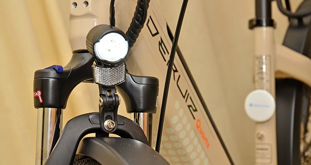 DERUIZ City E-Bike Quartz im Test - das Suntour NEX HLO DS Air-Federungssystem bietet 63 mm Federweg und Sperrfunktion