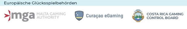 Die Logos der Malta Gaming Authority, Curaçao eGaming und Costa Rica Gaming Control Board.