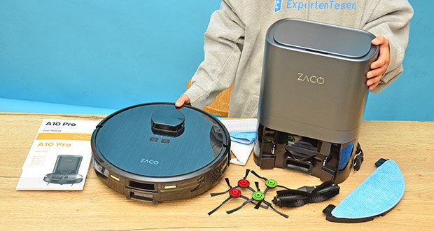 ZACO A10 Pro Saug- Wischroboter mit Absaugstation im Test - Umfangreicher Lieferumfang (Spezielle Tierhaarbürste inklusive)