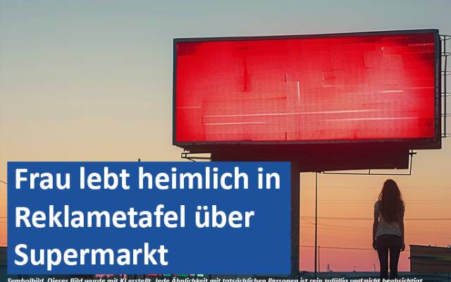Frau lebt heimlich in Reklametafel über Supermarkt 