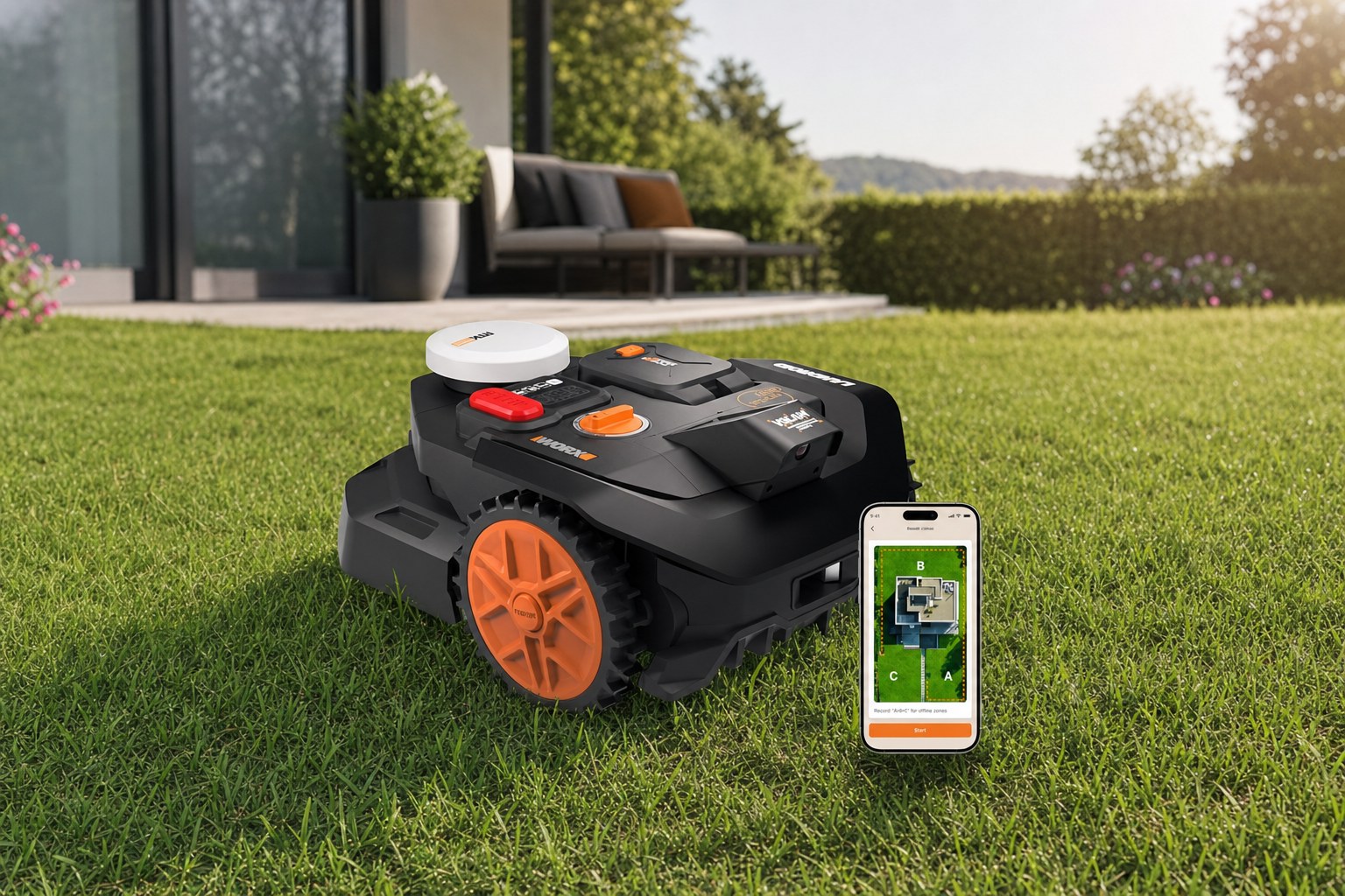 Worx Vision Cloud WR304E, 2WD Mähroboter ohne Begrenzungskabel für 400 m², auf einer Rasenfläche mit sichtbarer App- oder Vision-Navigation.