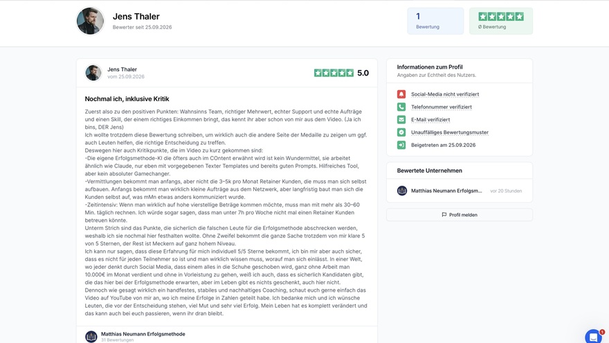 Bewertung von Jens Thaler zur Erfolgsmethode auf expertenmarkt.de